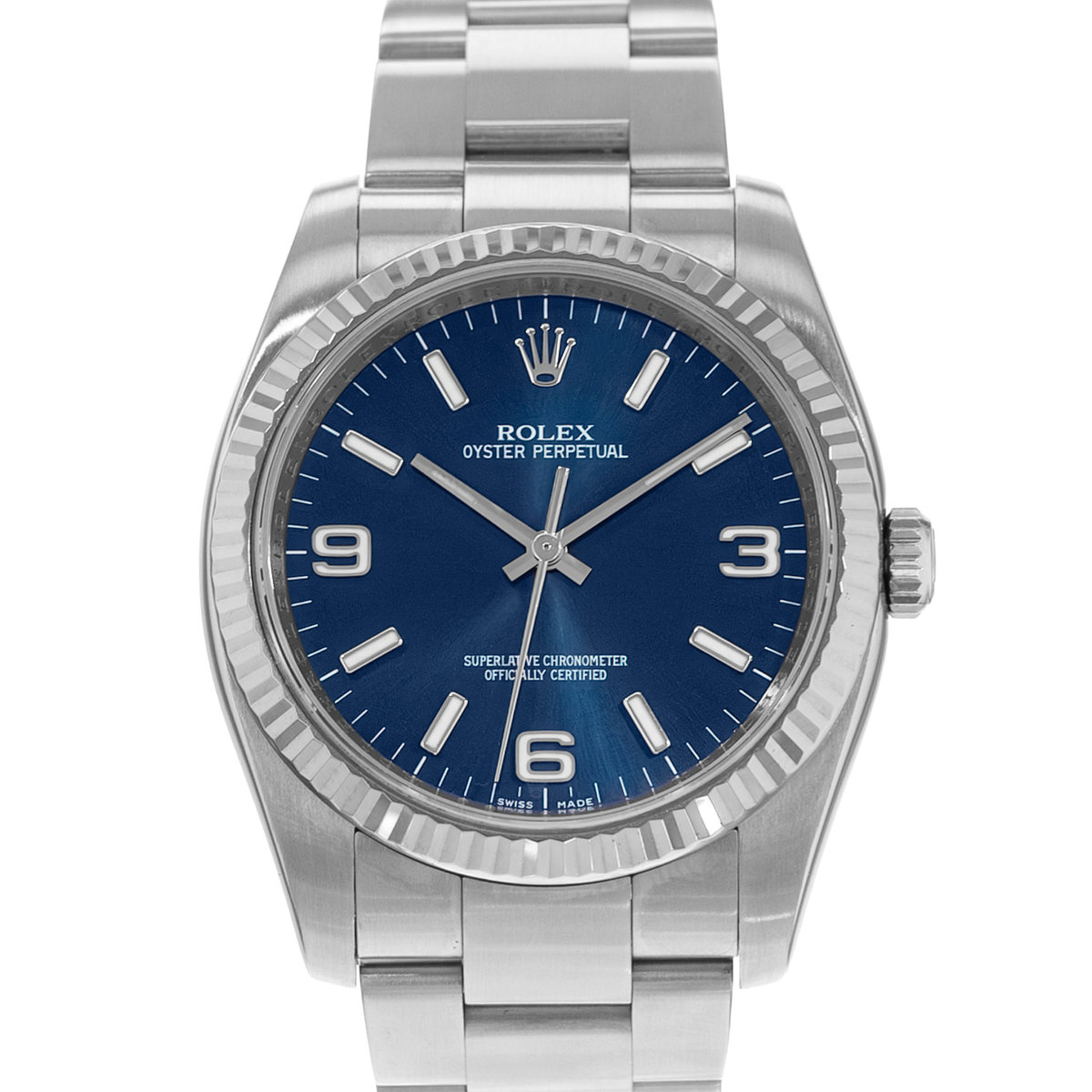 Rolex Oyster Perpetual 36 116034 Blue Fluted White Gold Steel Mens Watch