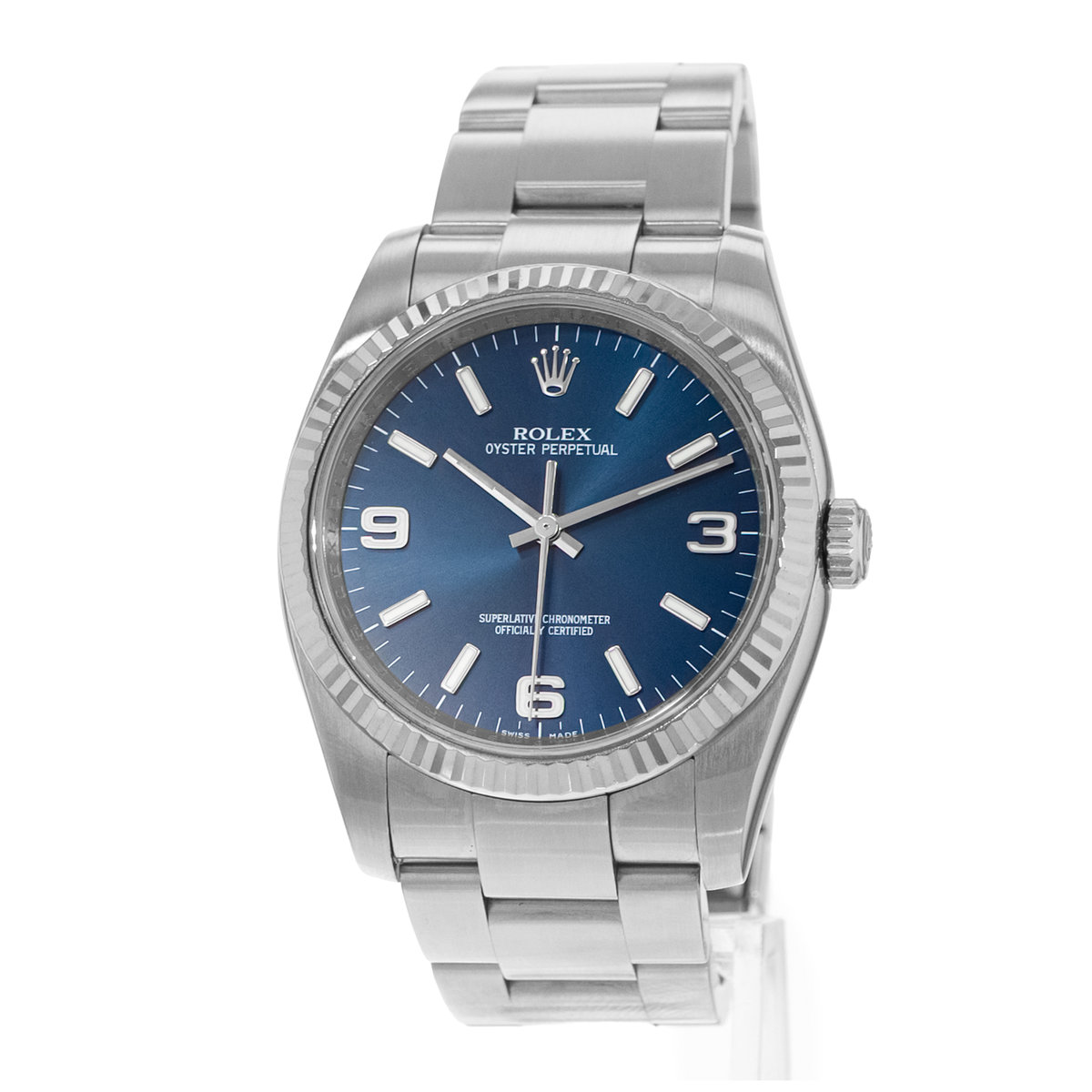 Rolex Oyster Perpetual 36 116034 Blue Fluted White Gold Steel Mens Watch