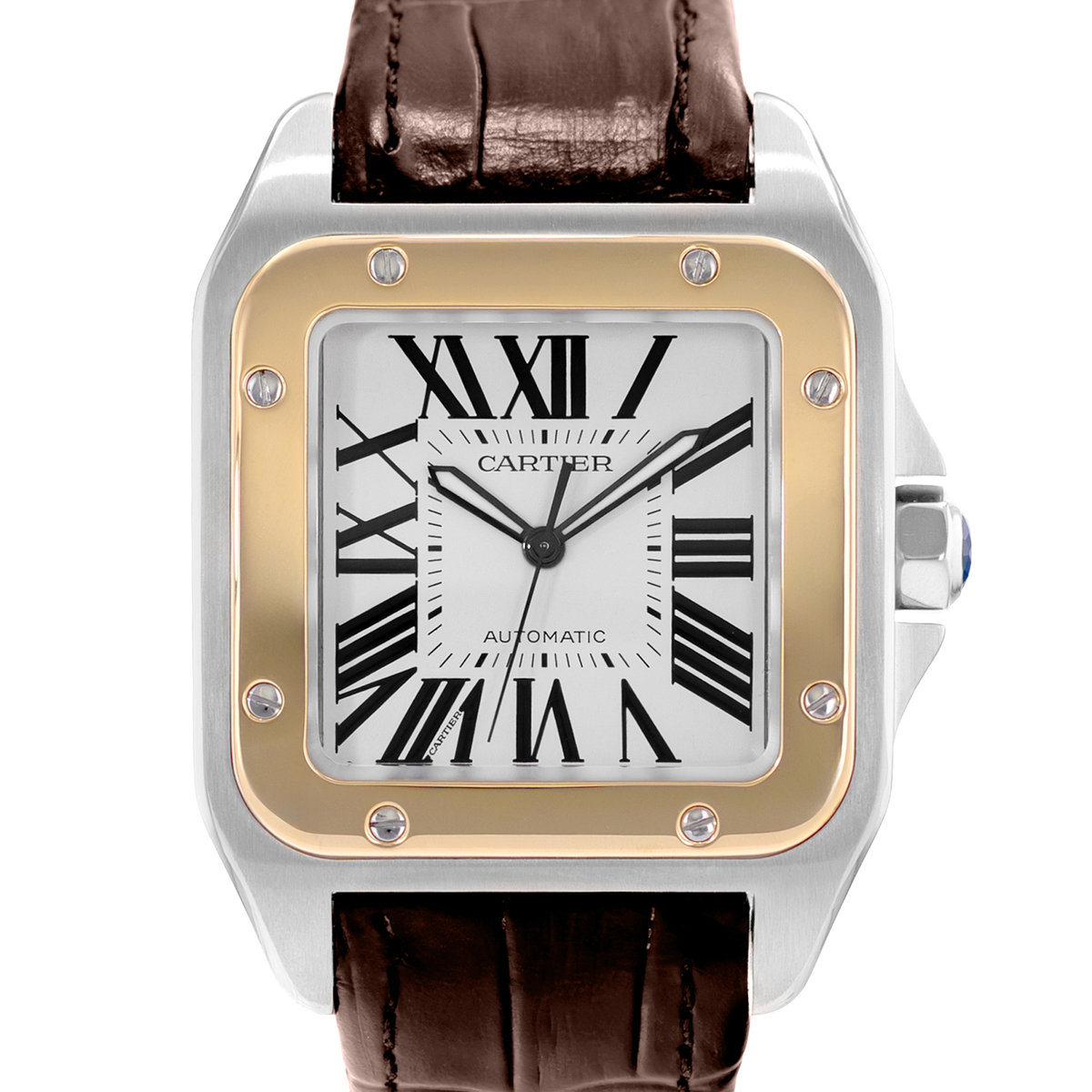 Cartier Santos 100 W20072X7 2656 38mm White Roman Steel Gold Leather Mens Watch