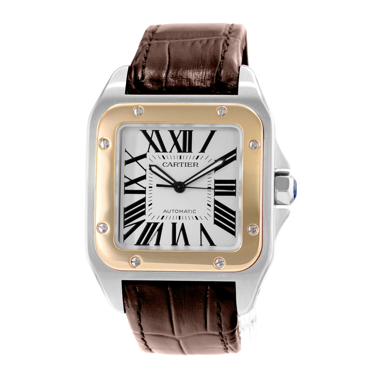 Cartier Santos 100 W20072X7 2656 38mm White Roman Steel Gold Leather Mens Watch