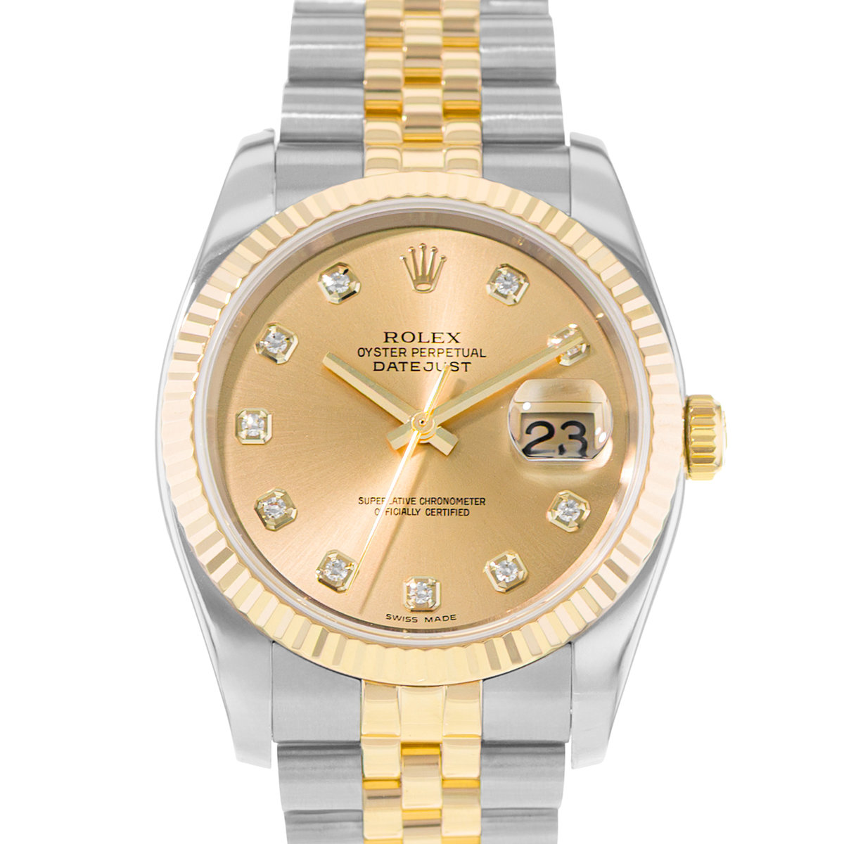 Rolex Datejust 36 116233 Champagne Diamond Fluted Steel Gold Mens Watch 2006