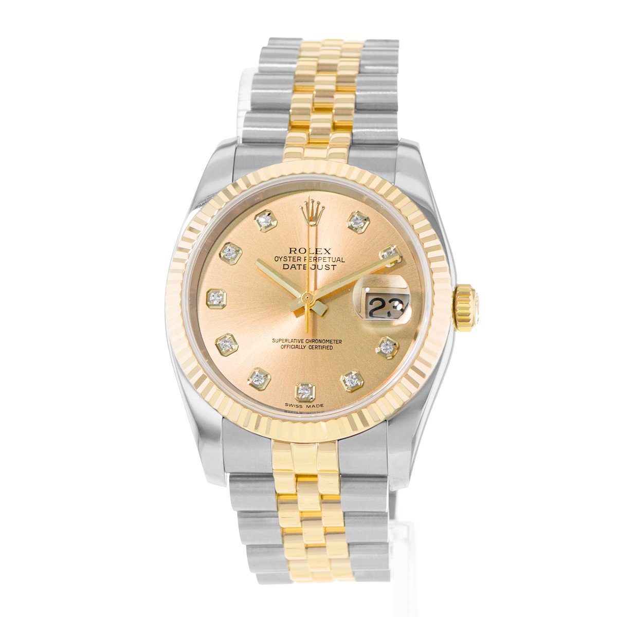 Rolex Datejust 36 116233 Champagne Diamond Fluted Steel Gold Mens Watch 2006
