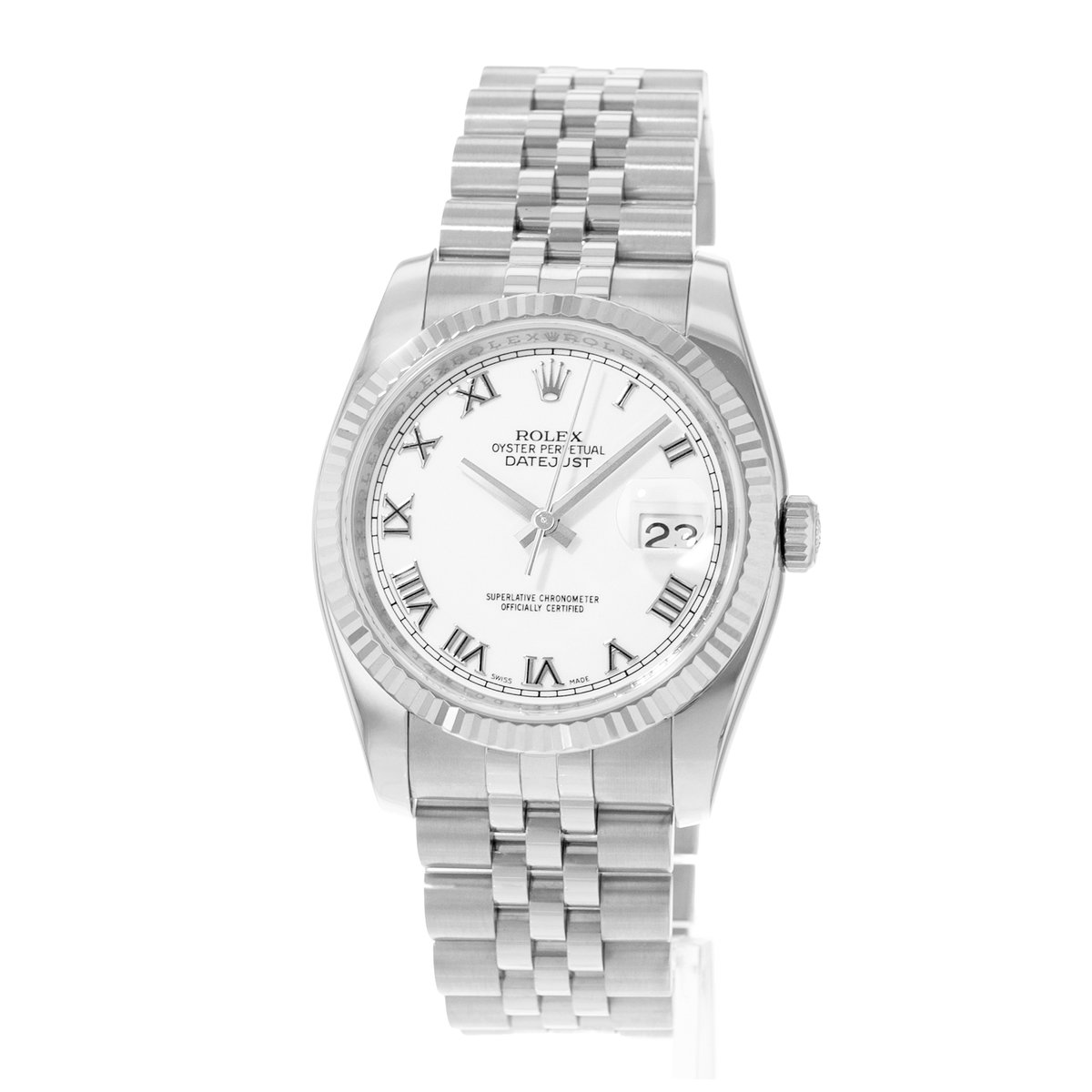 Rolex Datejust 36 116234 White Roman Steel Fluted White Gold Mens Watch 2006