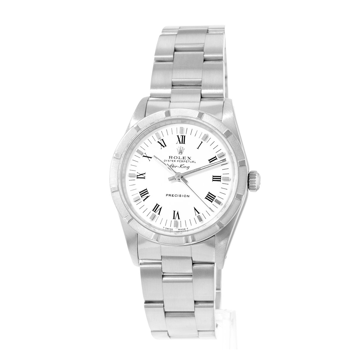 Rolex Air King 34 14010 White Roman Engine Turned Steel Oyster Mens Watch 1991